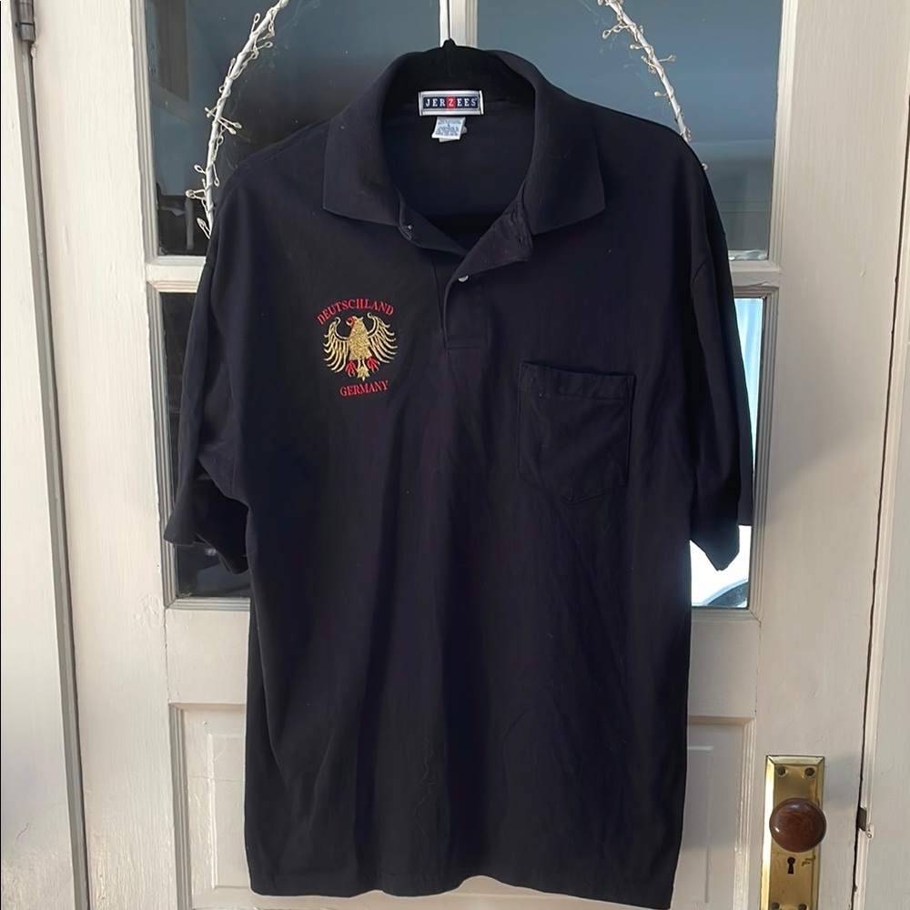 Deutschland Eagle Emblem Men’s Jerzees Collar Jersey Polo Black Shirt